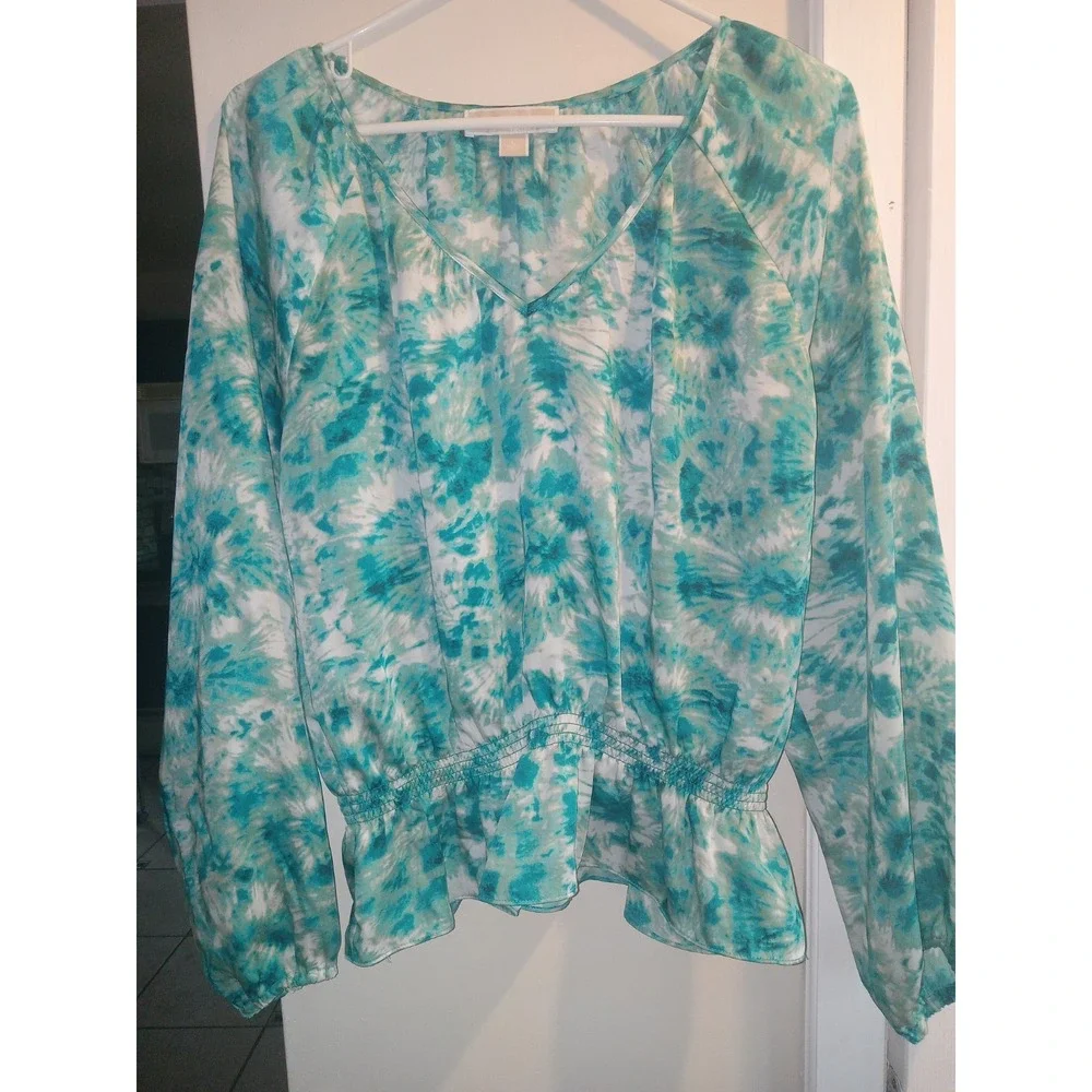 Michael Kors Women's Long Sleeve Sz L Teal & White Tie dye Smocked Y2K Coastal